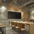 Contemporary Restaurant Interior Design With Long Wooden Tables And Geometric Wall Patterns