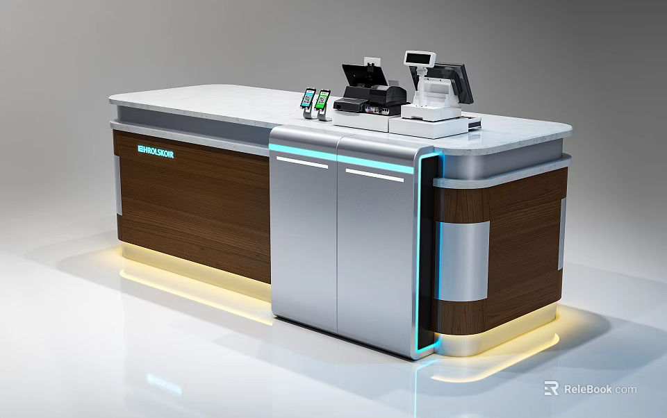 Modern Cashier Counter With White Countertop Wooden Metallic Cabinets LED Strip Lighting And POS Machine 3d model 