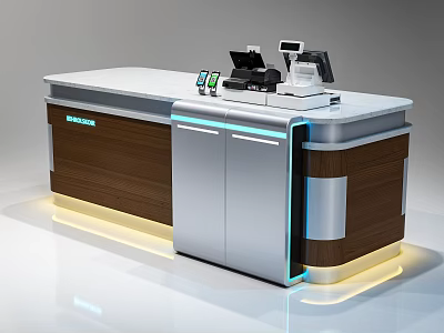 Modern Cashier Counter With White Countertop Wooden Metallic Cabinets LED Strip Lighting And POS Machine 3d model