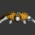 Futuristic Sci Fi Character With Blue Head Silver Armor Yellow Cape And Blue Energy Orbs