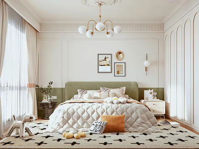 Elegant Modern Bedroom Interior With White Walls Green Headboard Chandelier Rug And Decorative Artwork Pillows 3d model
