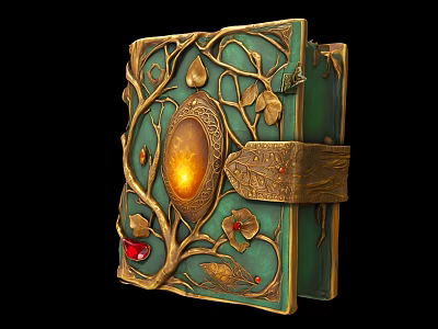 Luxuriously Decorated Vintage Book with Golden Vines Glowing Gemstone and Red Accents 3d model