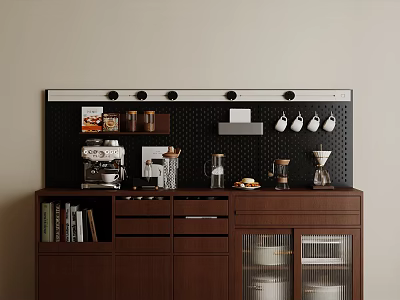 Brown Wooden Sideboard With Pegboard Back Panel Coffee Machine Jars Books And Glass Doors 3d model