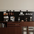 Brown Wooden Sideboard With Pegboard Back Panel Coffee Machine Jars Books And Glass Doors