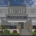 Modern Townhouse Exterior With Large Windows Black Balcony Railings Stone Wall And Front Greenery