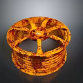 Rusty Yellow Tire Rim With Worn Metal Surface And Spoke Design