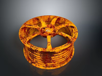 Rusty Yellow Tire Rim With Worn Metal Surface And Spoke Design 3d model