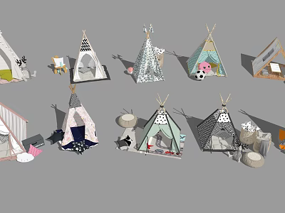 Assorted Colorful Children Play Tents With Diverse Patterns And Decorative Elements 3d model