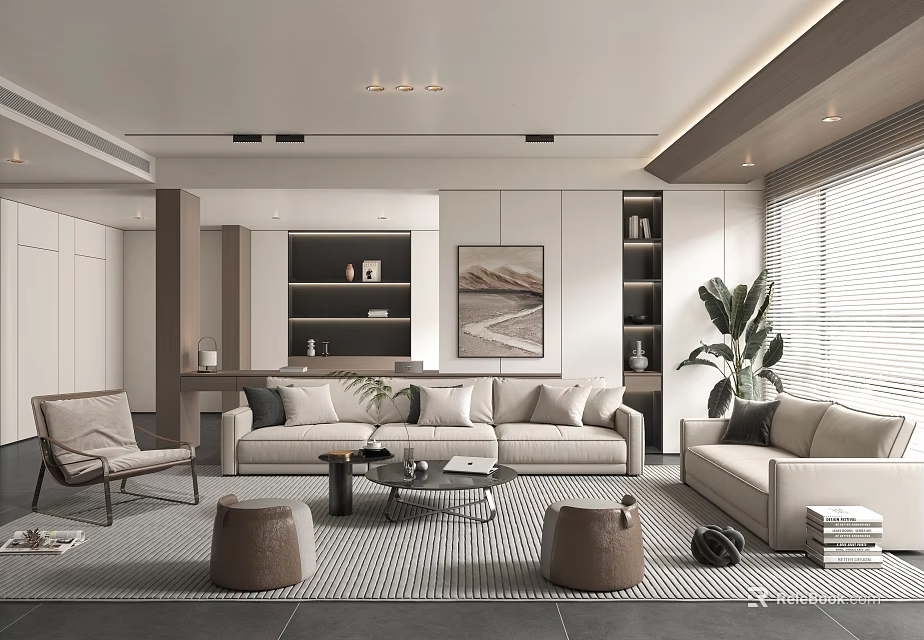 Modern Living Room Interior Design With Beige Sofa Accent Chair Coffee Table And Green Plant 3d model 