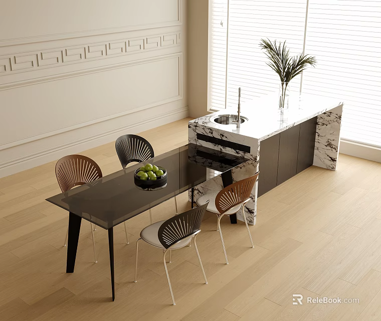 Modern Dining Table And Chairs Set With Black Glass Top Metal Frame And Woven Back 3d model 