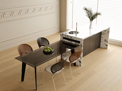 Modern Dining Table And Chairs Set With Black Glass Top Metal Frame And Woven Back 3d model