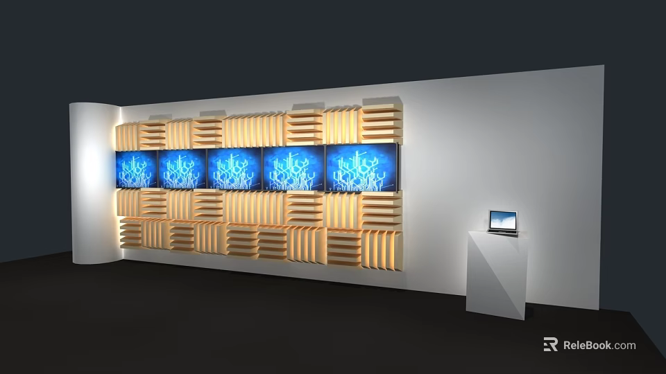 Modern Wooden Striped Background Wall with Multiple Blue Flame Screens and Side Laptop Stand 3d model 