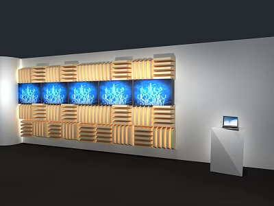Modern Wooden Striped Background Wall with Multiple Blue Flame Screens and Side Laptop Stand 3d model