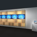 Modern Wooden Striped Background Wall with Multiple Blue Flame Screens and Side Laptop Stand