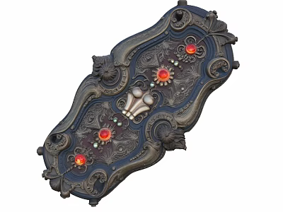 Vintage Decorative Metal Plaque With Ornate Carvings Red Gemstones And Gold Accents 3d model
