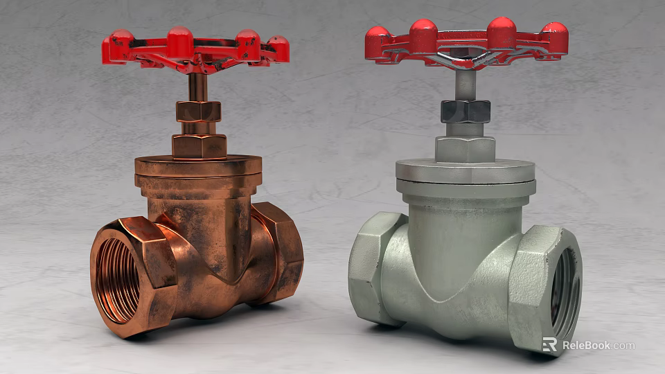 Two Different Color Valves With Red Wheel Handles And Brass Silver Bodies 3d model 