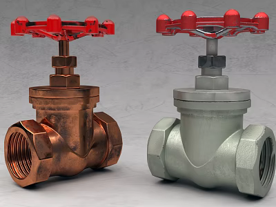 Two Different Color Valves With Red Wheel Handles And Brass Silver Bodies 3d model