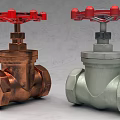 Two Different Color Valves With Red Wheel Handles And Brass Silver Bodies