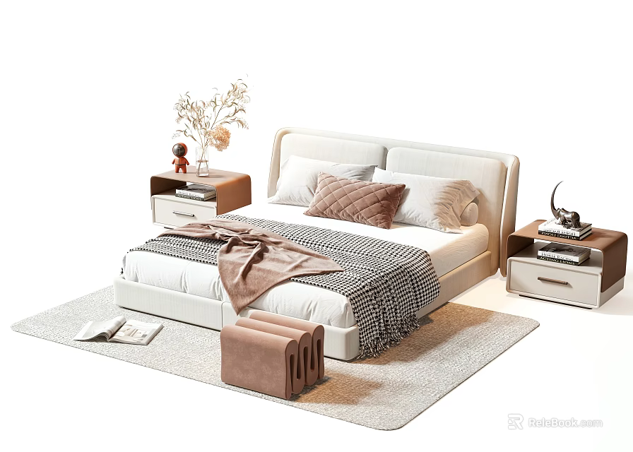 Modern Double Bed with White Headboard Pillows Blanket and Nightstands on Rug 3d model 
