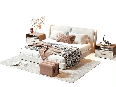 Modern Double Bed with White Headboard Pillows Blanket and Nightstands on Rug 3d model