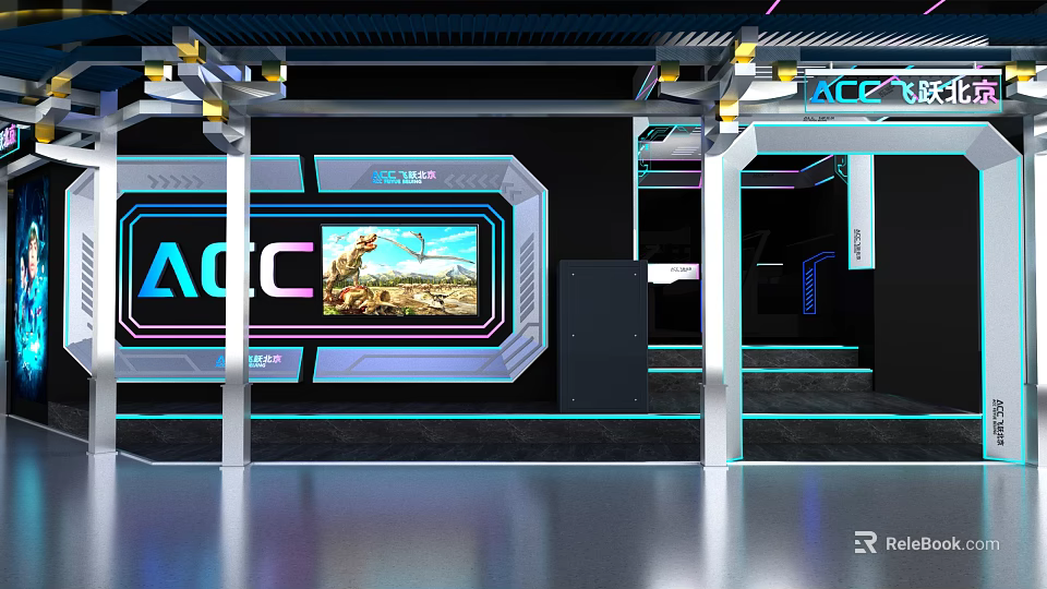 Modern Tech Cinema With Large Screen Illuminated AOC Sign And Dinosaur Scene 3d model 