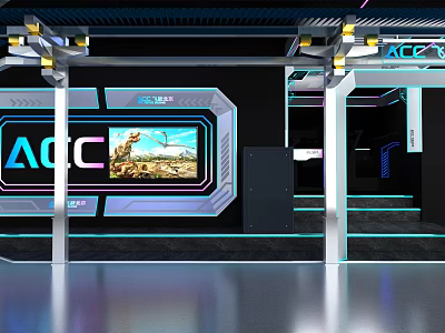 Modern Tech Cinema With Large Screen Illuminated AOC Sign And Dinosaur Scene 3d model