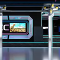 Modern Tech Cinema With Large Screen Illuminated AOC Sign And Dinosaur Scene