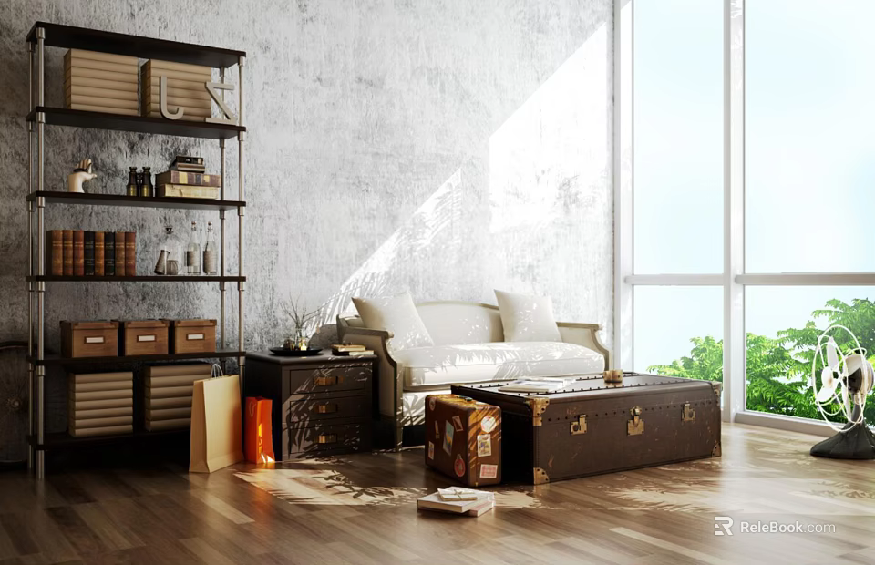 Double Sofa In Living Room With Black Bookshelf Wooden Trunk Large Window And Green Plants 3d model 