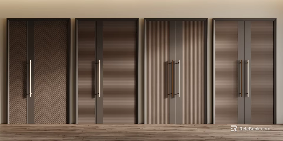 Modern Interior Brown Wooden Double Doors With Textured Panels And Metal Handles 3d model 