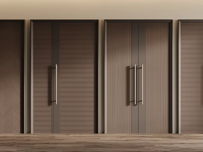 Modern Interior Brown Wooden Double Doors With Textured Panels And Metal Handles 3d model