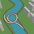 Modern Spiral Bridge With Red White Railings Over Waterfront And Green Space Against Urban Skyline