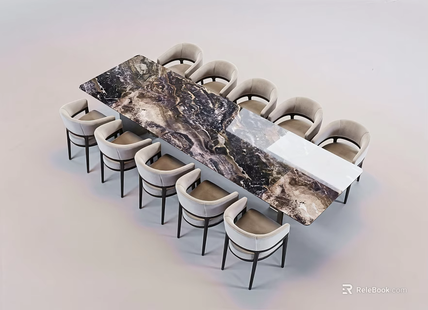 Modern Dining Table Set With Marble Top And Light Gray Upholstered Chairs 3d model 