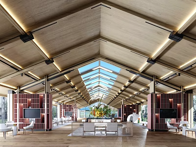 Hotel Lobby Featuring Vaulted Wooden Ceiling Glass Skylight Indoor Greenery And Lounge Seating 3d model
