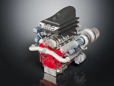 Precision Engineered Automotive Engine Components With Red Casing Silver Turbocharger And Metal Tubing 3d model