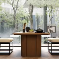 Natural Wooden Tea Table and Chairs with Beige Cushions Black Frames Glass Windows Trees