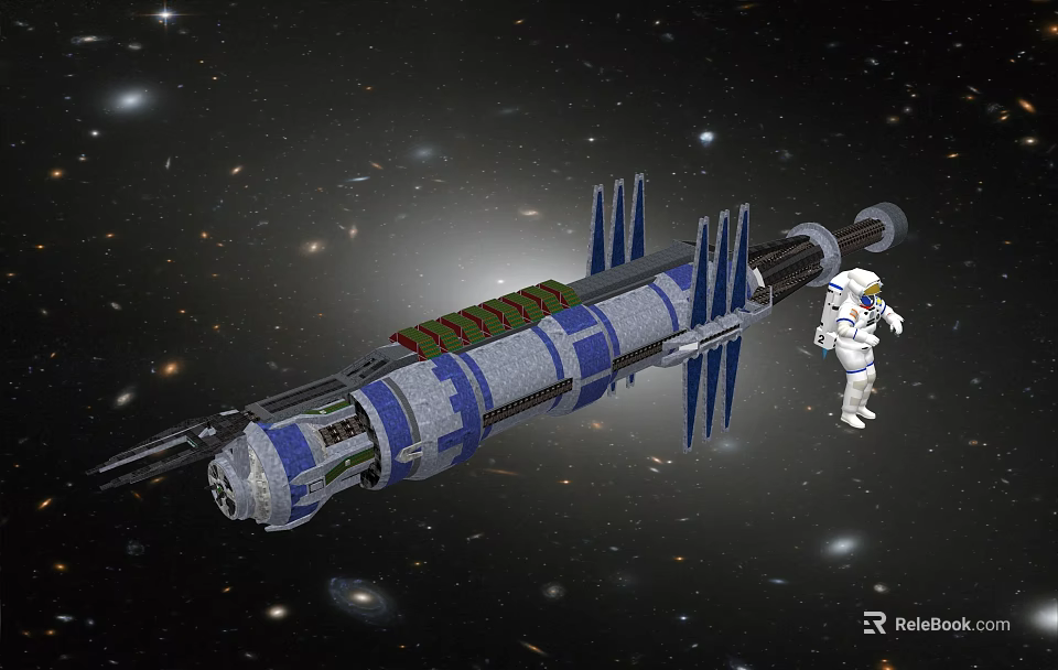 Cartoon Space Scene With Astronaut And Large Space Station In Starry Galaxy 3d model 