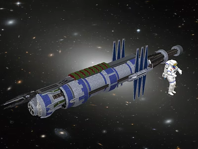 Cartoon Space Scene With Astronaut And Large Space Station In Starry Galaxy 3d model