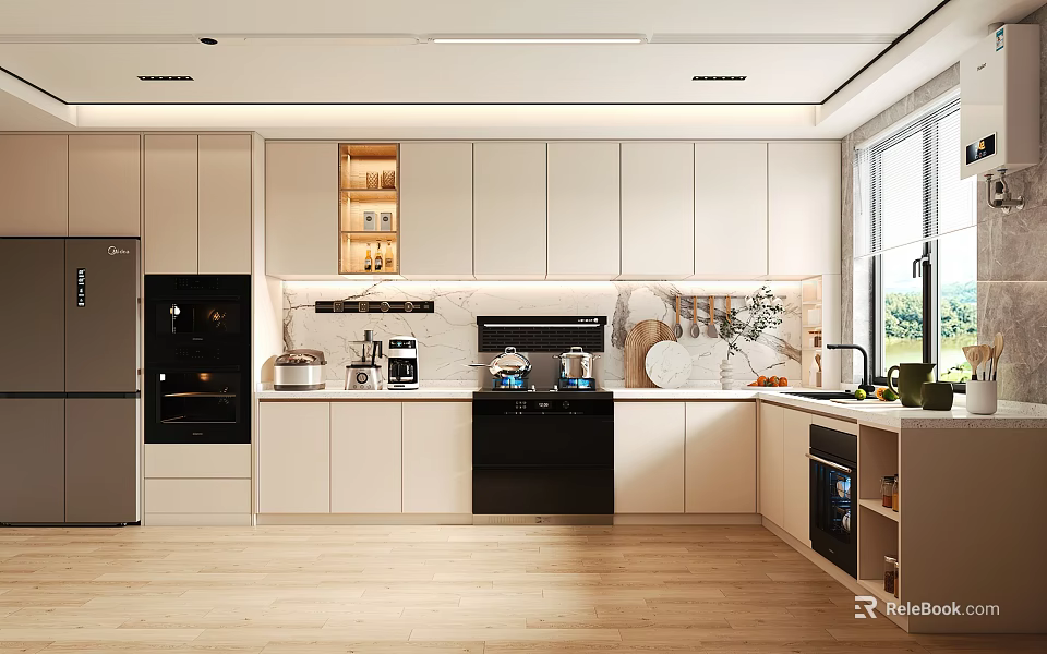 Modern Kitchen Interior With White Cabinets Black Appliances Stone Countertop And Windows 3d model 