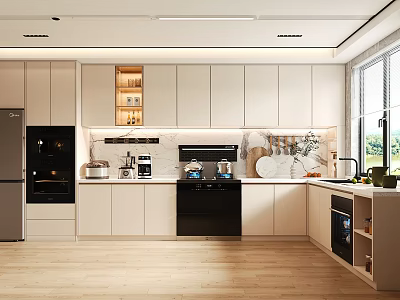 Modern Kitchen Interior With White Cabinets Black Appliances Stone Countertop And Windows 3d model