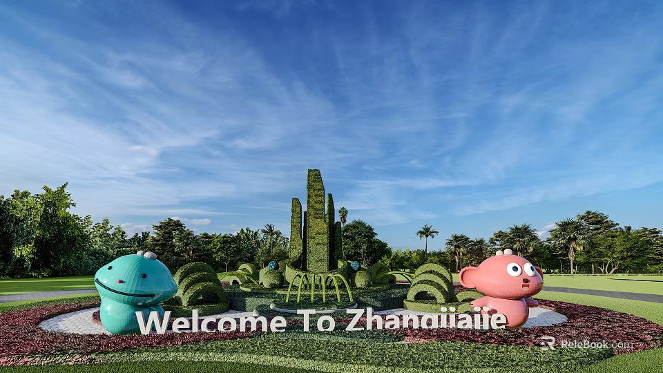 Cute Cartoon Sculptures In Zhangjiajie With Green Topiary And Blue Sky 3d model 