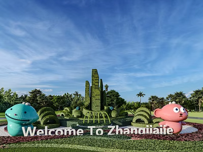 Cute Cartoon Sculptures In Zhangjiajie With Green Topiary And Blue Sky 3d model