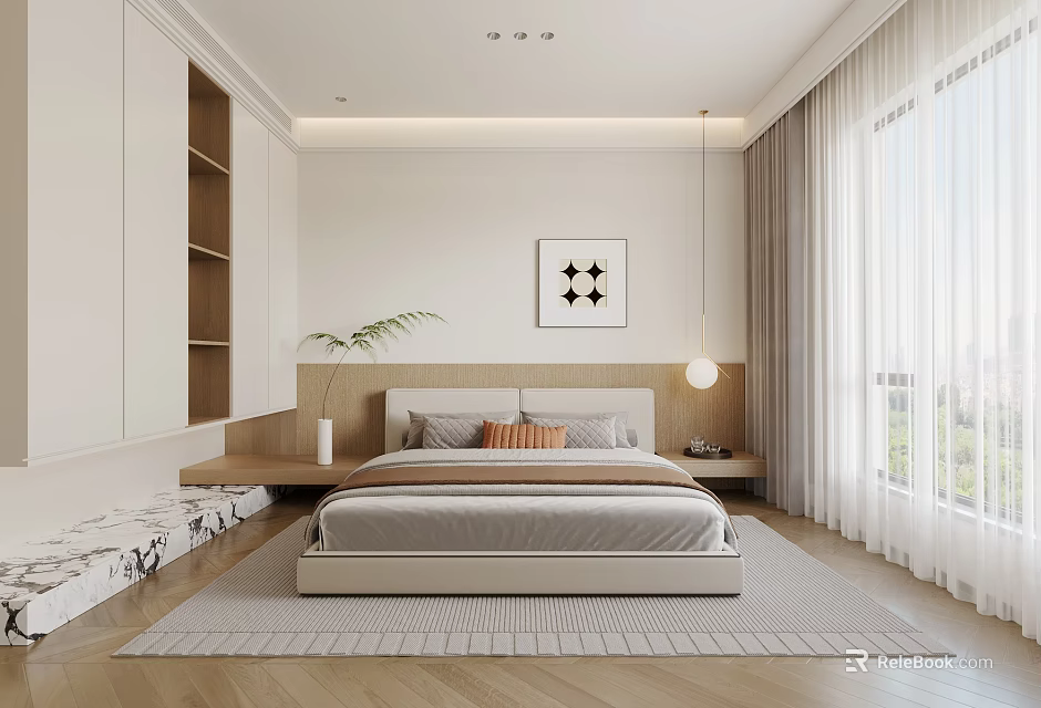Modern Bedroom With Beige Bed Nightstand Potted Plant Wall Art Large Window Curtain And Rug 3d model 
