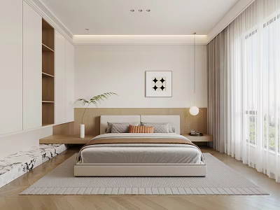 Modern Bedroom With Beige Bed Nightstand Potted Plant Wall Art Large Window Curtain And Rug 3d model