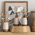 Stylish Kitchenware Display On Wooden Shelves With Bowls Plates Jars Mugs Cutting Boards And Plants