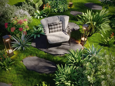 Serene Garden Landscape With Stepping Stones Comfortable Chair Decorative Lanterns And Lush Green Plants 3d model