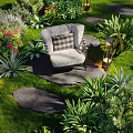Serene Garden Landscape With Stepping Stones Comfortable Chair Decorative Lanterns And Lush Green Plants