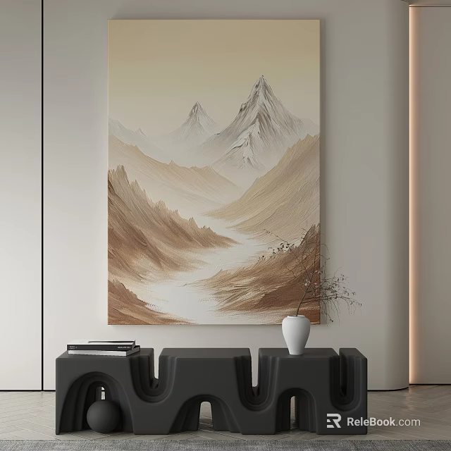 Abstract Mountain River Painting in Beige Brown White Tones Minimalist Interior Wall Art 3d model 