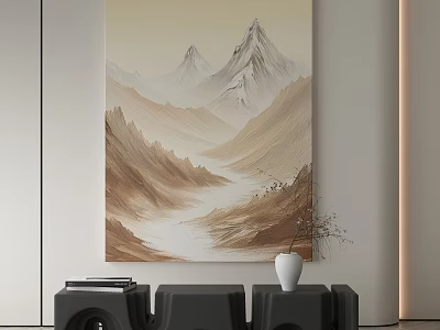 Abstract Mountain River Painting in Beige Brown White Tones Minimalist Interior Wall Art 3d model