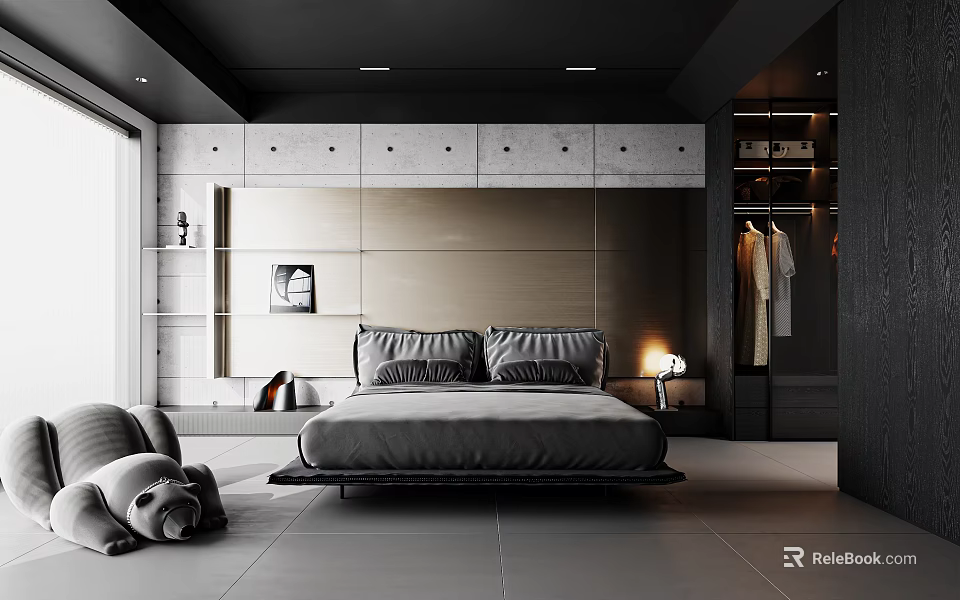 Modern Minimalist Bedroom Interior With Floating Platform Bed And Built In Wardrobe 3d model 