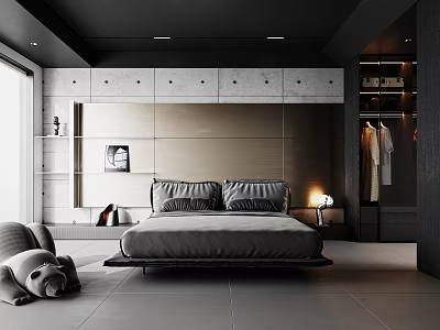 Modern Minimalist Bedroom Interior With Floating Platform Bed And Built In Wardrobe 3d model